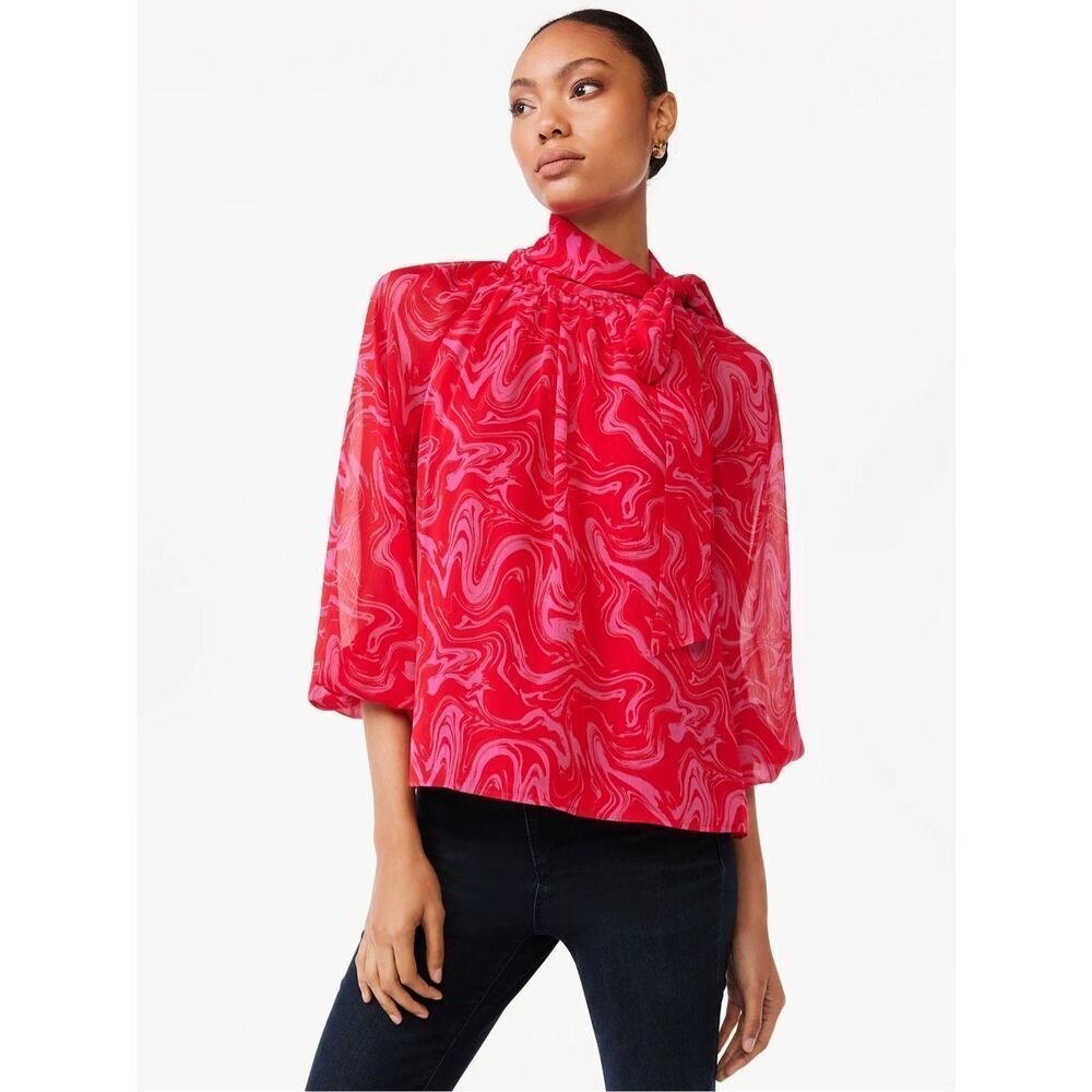 ✨Scoop NYC Pink Marble Swirl Mock Tie Neck Long Sleeve Sz Large Blouse✨